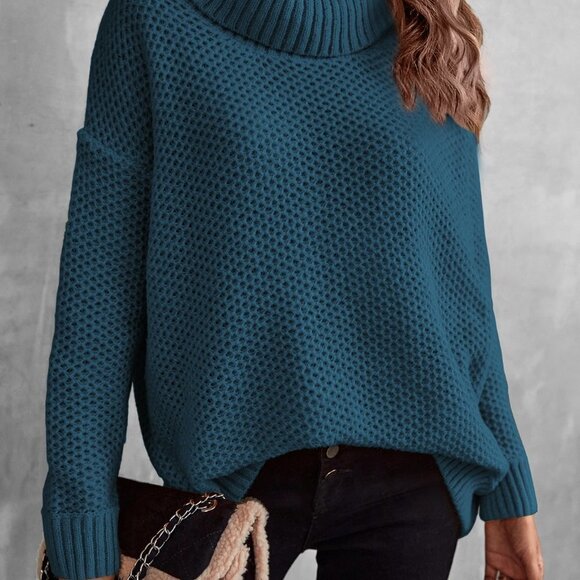 Blue Casual Womens Turtleneck Drop Shoulder Pointelle Knit Sweater - Picture 4 of 5